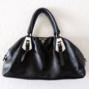 Vintage Auth Prada Bowler Bag Black Leather 90s